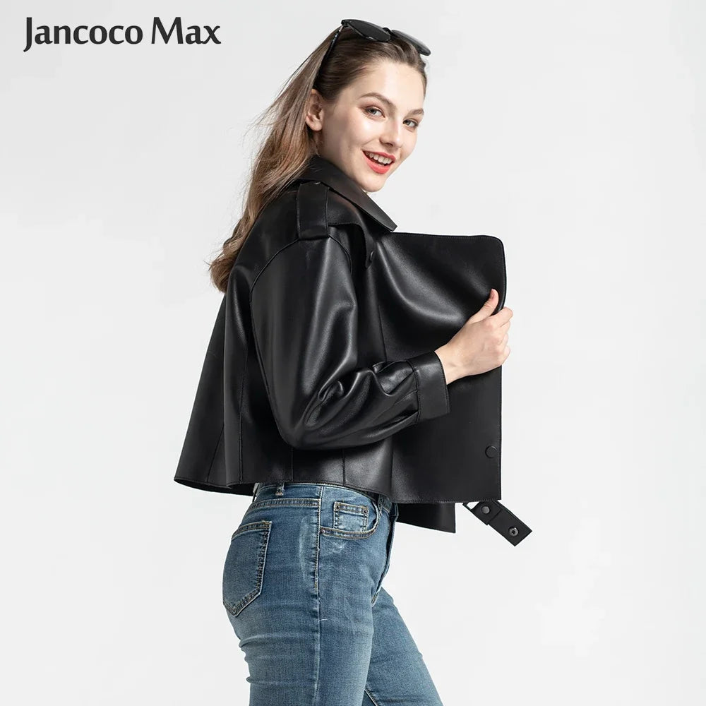 Sheepskin Coat For Women Leather Jacket Winter Spring Moto Biker Genuine Top Quality Black S7547