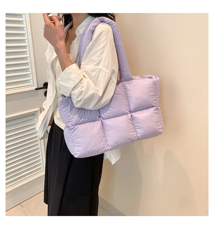 Quilted Plaid Bag Women Tote Handbags Retro Trendy Checkered Waterproof Shoulder Bag Solid Color Winter Soft Large Capacity Bags