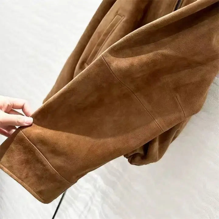 Suede Leather Flower Bud Jacket for Women Trendy Kid Suede Drawstring Silhouette Short Coat Streetwear Chill Casaco Feminino
