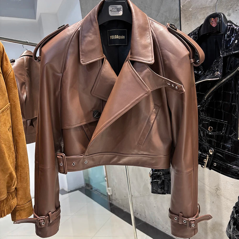 YOLOAgain Women's Real Leather Jacket Sheepskin Coat