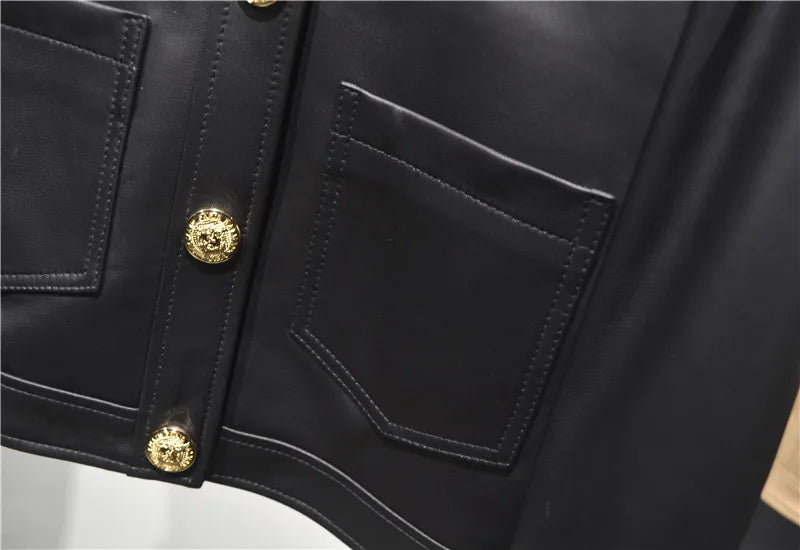 Genuine Sheepskin Casacas Para Mujer Women Casual V-neck Short Khaki/White/Black Leather Jacket Feminino Slim Tops Trendy Pocket