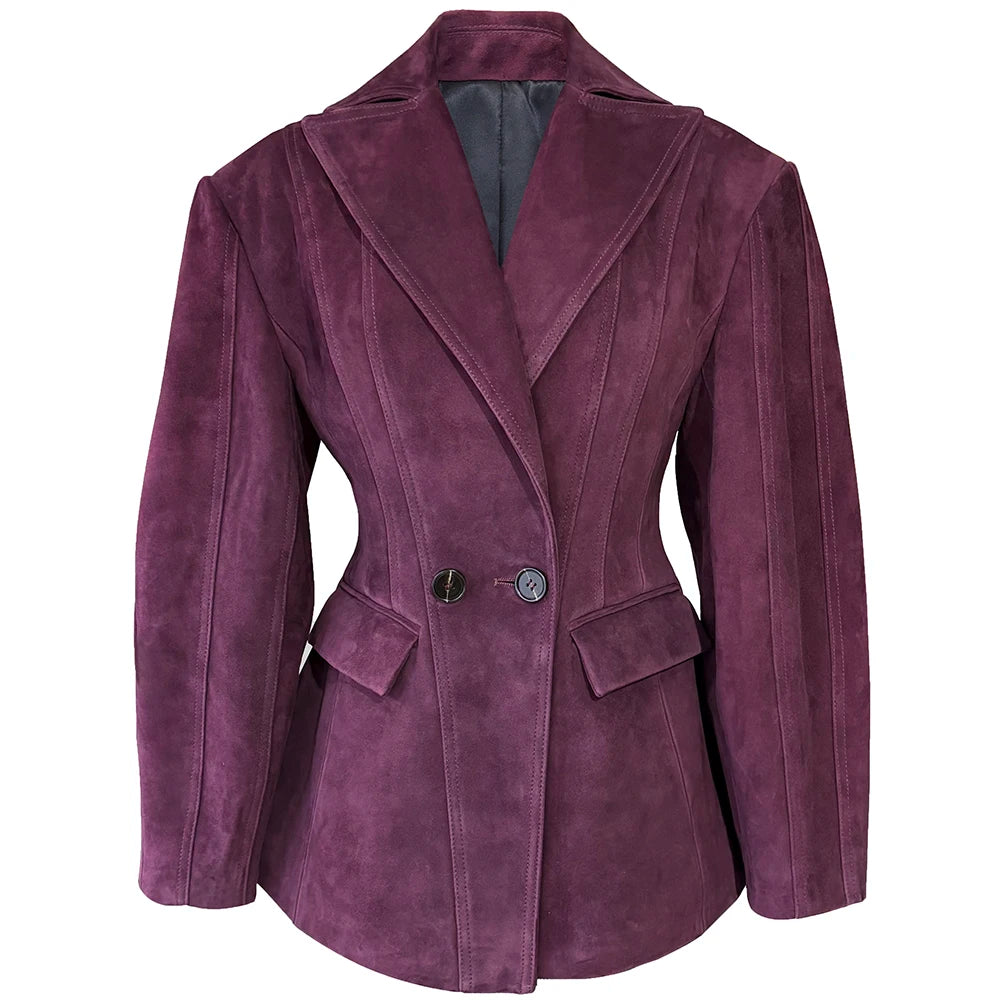 YOLOAgain Vintage Suede Blazer Jacket Women Double Breasted Lapel Dark Brown Genuine Sheepskin Leather Jacket Coat Female