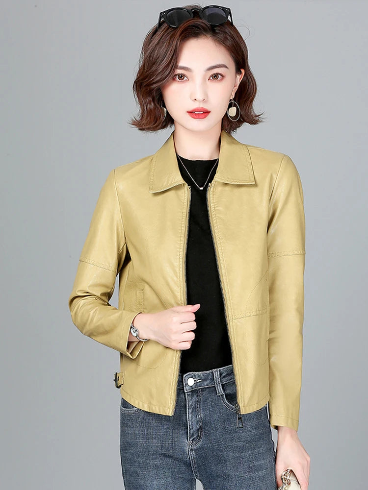 New Women Sheepskin Jacket Spring Autumn 2025 Fashion Casual Long Sleeve Short Zipper Leather Coat Loose Split Leather Outerwear