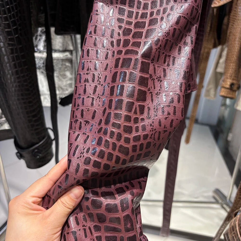 YOLOAgain Croc Pattern Real Leather Cropped Jacket Women Genuine Leather Jacket Female Streetwear