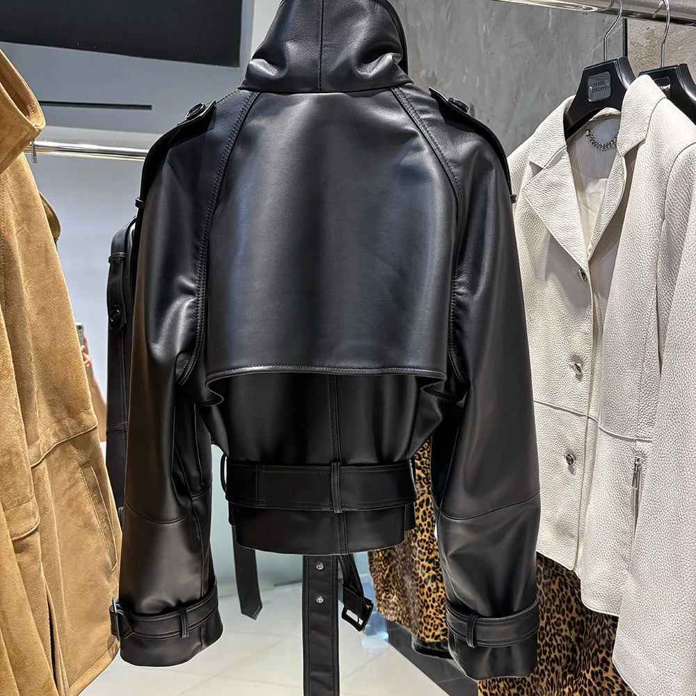 YOLOAgain Funnel Neck Real Leather Jacket Women Double Breasted Suede Jacket With Belt Streetwear