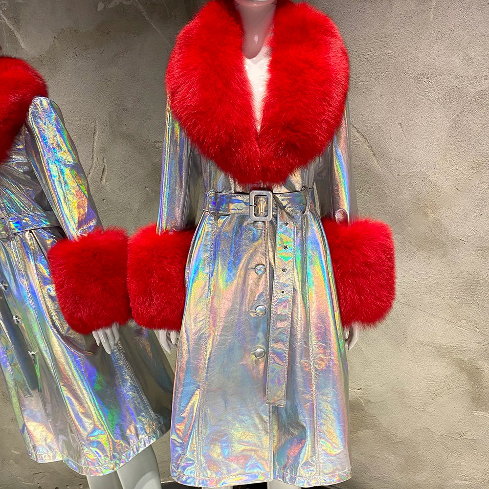 YOLOAgain Burgundy Real Fox Fur Collar Leather Trench Coat Women Genuine Leather Jacket Long Female