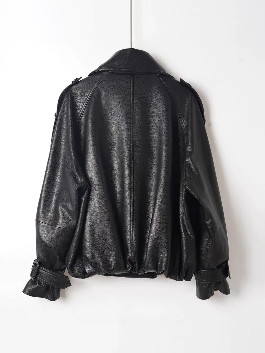 Fashion Real Leather Jacket for Women Modern Genuine Sheepskin Stand Up Collar Short Silhouette Coat Winter Tops Lapel