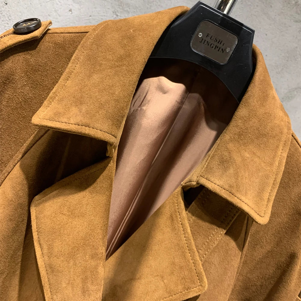 Long  Suede Leather Coat Ladies Real Sheepskin Coat Genuine Sheep Leather Windbreak Long 2385