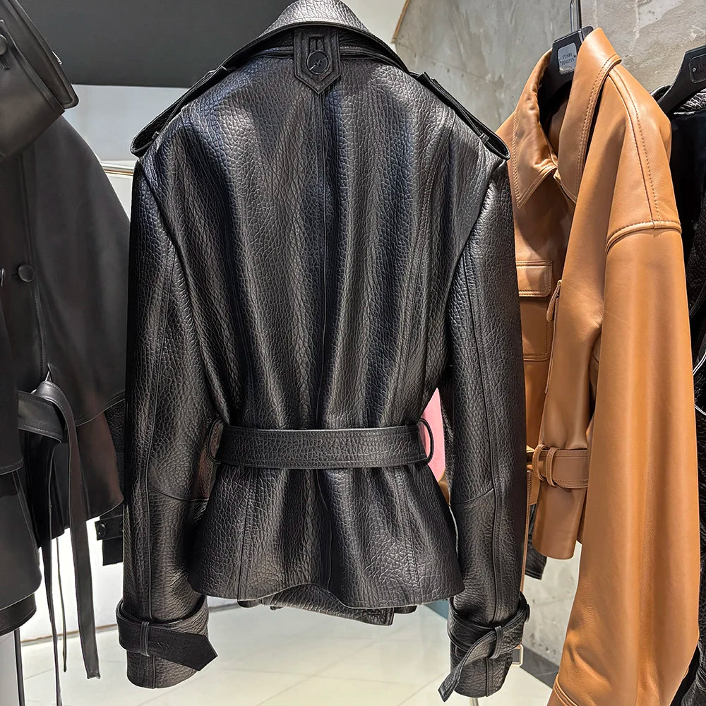 YOLOAgain High Quality Suede Leather Jacket Women With Belt Double Breasted Croc Pattern Jacket Female