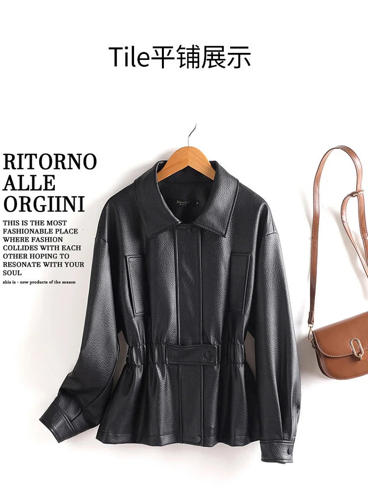 New Women Split Leather Jacket Spring Autumn Fashion Turn-down Collar Stretch Adjustable Waist Short Coat Casual Leather Jacket