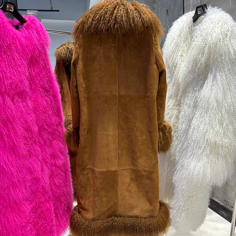 YOLOAgain Real Mongolia Sheep Fur Jacket Long Dark Brown Suede Coat Women