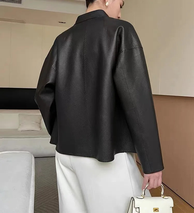 Japanese Style 2025 New Sheepskin Leather Coat for Women Elegant Square Neck Veins Skin Belt Short Jackets Coffee Jaqueta Couro