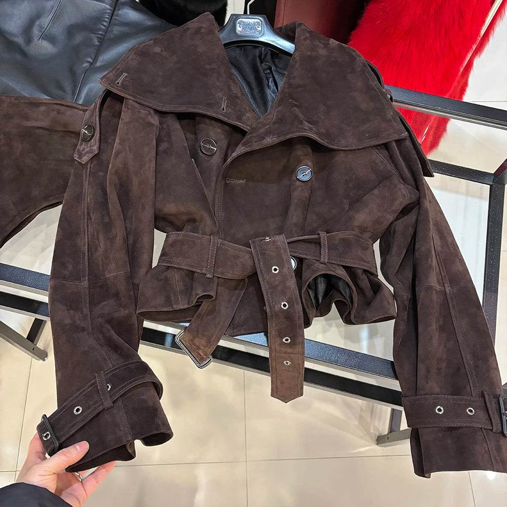 YOLOAgain Funnel Neck Real Leather Jacket Women Double Breasted Suede Jacket With Belt Streetwear