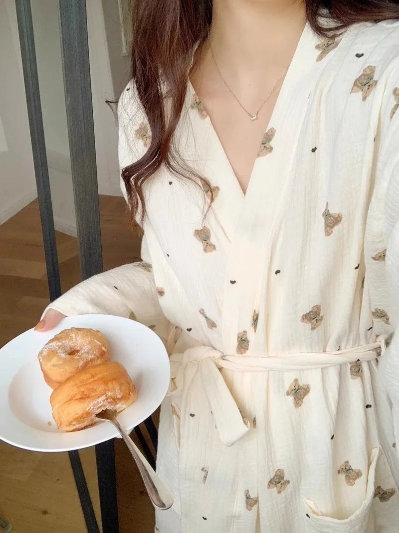 Women Bathing Robe Cartoon Cute Bear Print Bathrobe Nightgown Cardigan Long Sleeve Nightdress Plus Size Loungewear Nightgown Ro