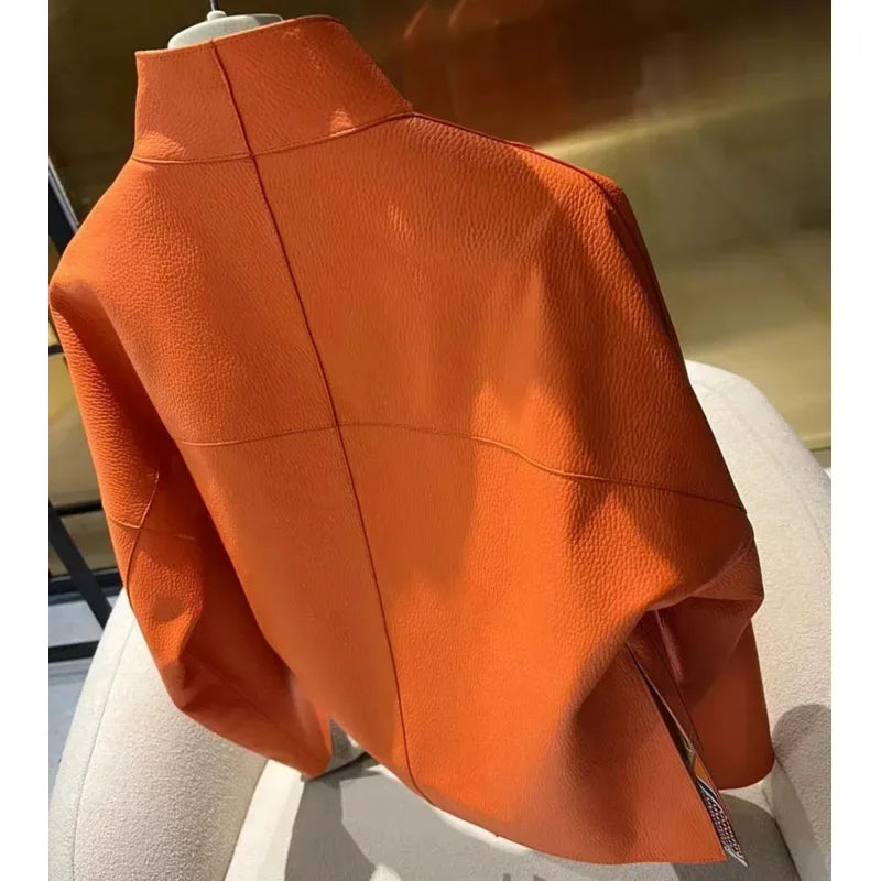 New Fashion 2026 Women Coat Spring Orange Import Real Sheepskin Jacket Floral Pattern Lining Short Length Big Pockets