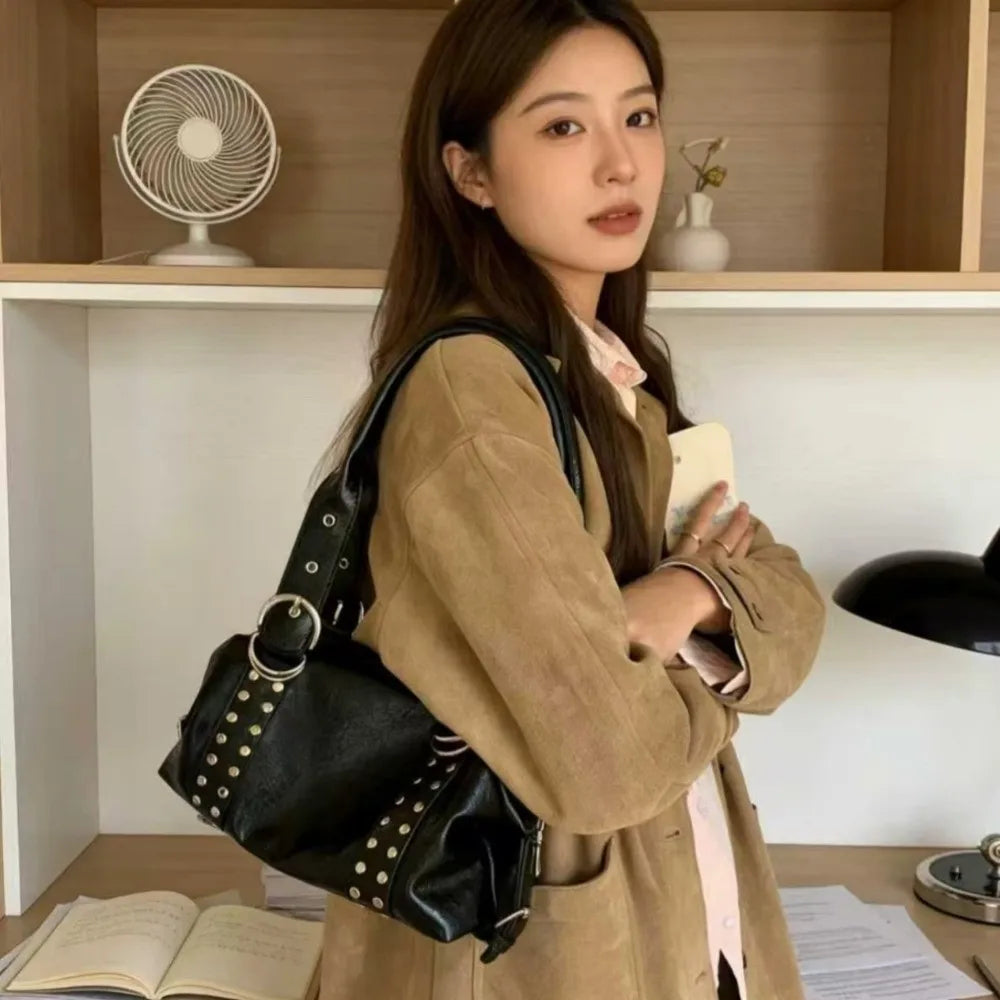 New PU Leather Women Shoulder Bag Large Capacity Y2K Motorcycle Bag High Quality Fashion Rivet Handbag Daily Use