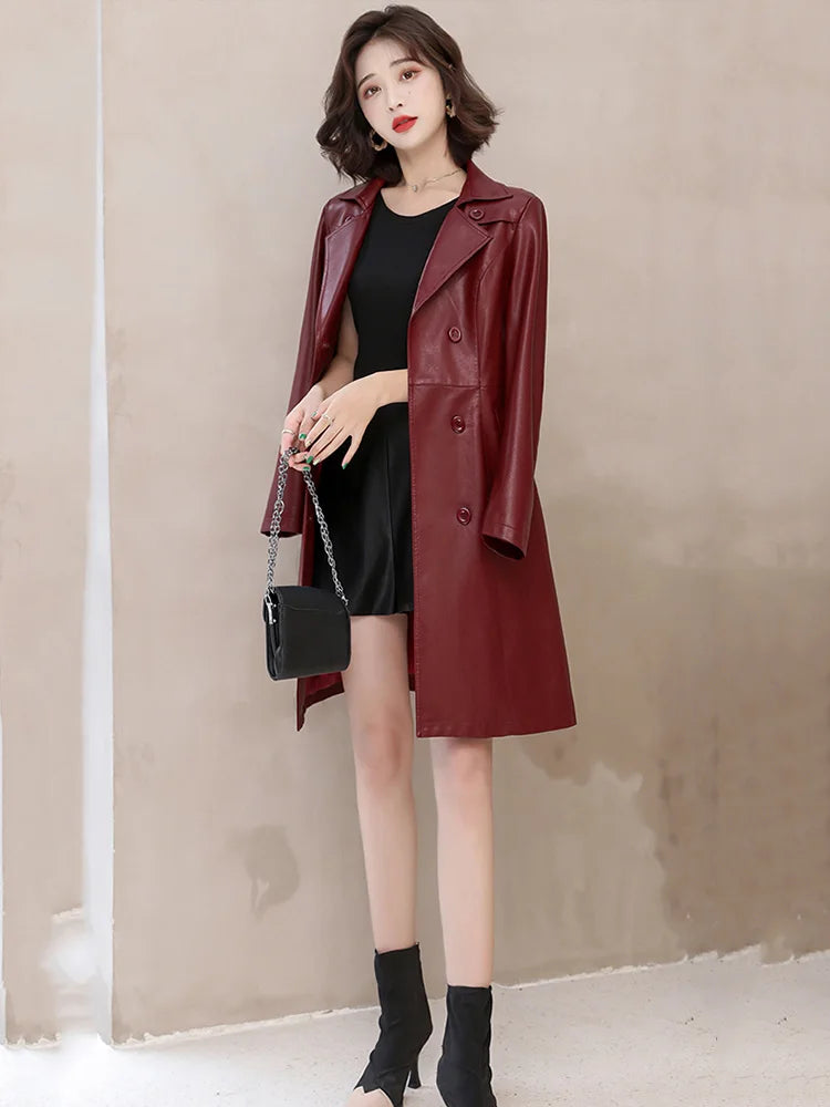 2026 Spring Autumn Sheep Leather Long Trench Coat Women Double Breasted Slim Trench Coat Female Outwear Fashion Windbreaker