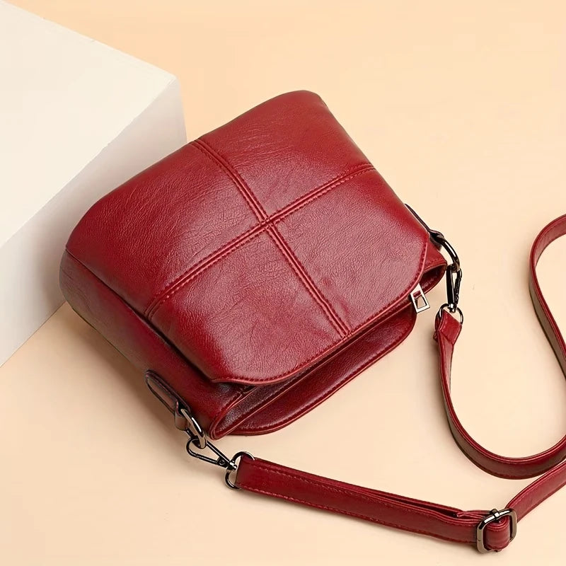Women Vintage PU Leather Crossbody Bag Casual Daily Mini Shoulder Handbag Multi‑Layer Zipper Pocket Design Adjustable Strap Ligh