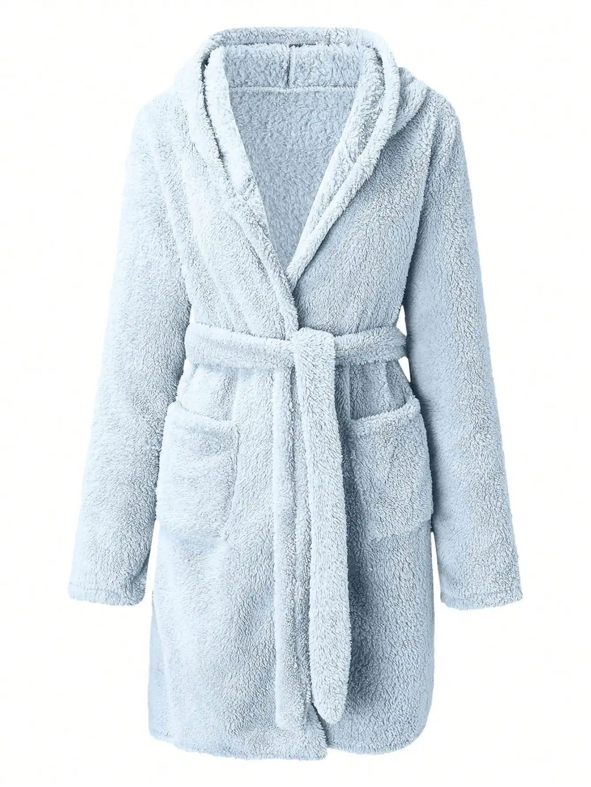 1 piece of women's solid color hooded robe with belt, cozy and warm fleece pajamas for home wear in autumn and winter.