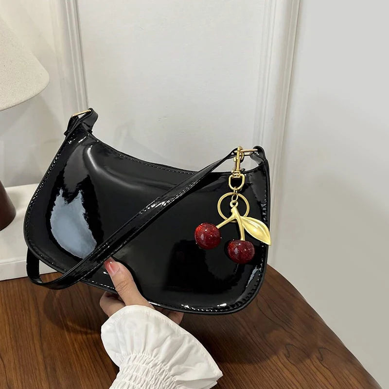 Women's PU Leather Handbag Versatile Fashion Solid Color Cherry Pendant Shoulder Bag Casual Commuting Bag Underarm Bag