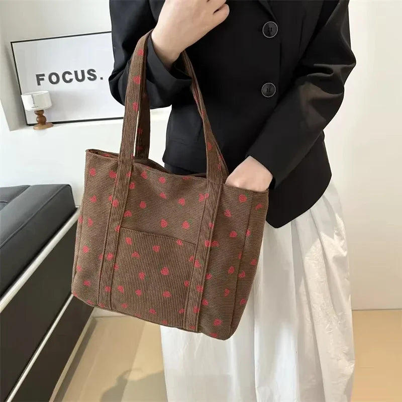 Corduroy Handbag Strawberry Print Beach Bag Fashion Large Capacity Tote Bag for Women Versatile Commuter Shoulder Bag Bolsos