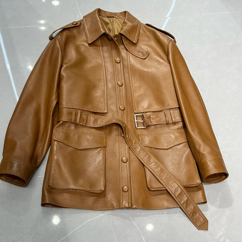 Winter Genuine Leather Outwears For Women High Quality Female Large Pocket Epaulet Belt Mid Long Jacket Female Warm Windbreaker