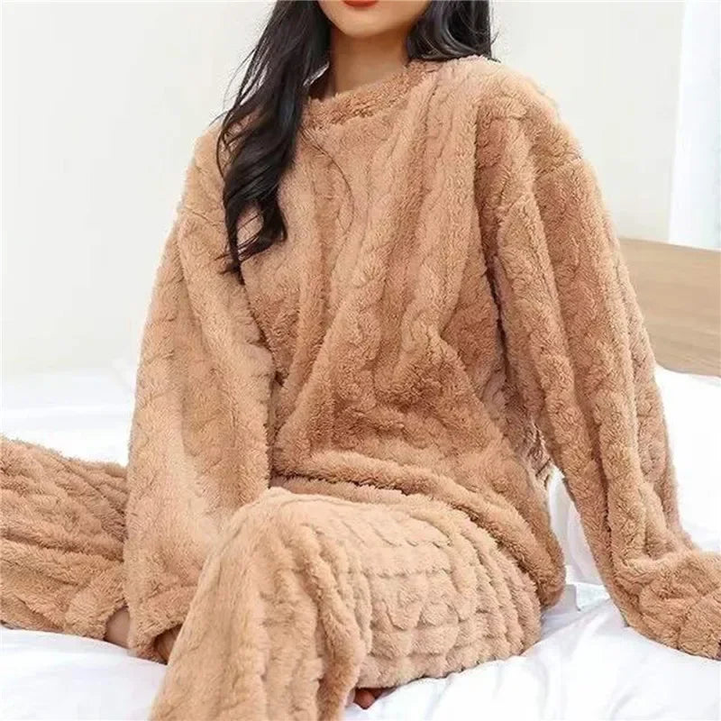 Autumn Ladies Plush Fluffy Cozy Tracksuit Relax Loose Home Loungewear Suit For Weekend Rest Xmas Eve Casual Household Wear