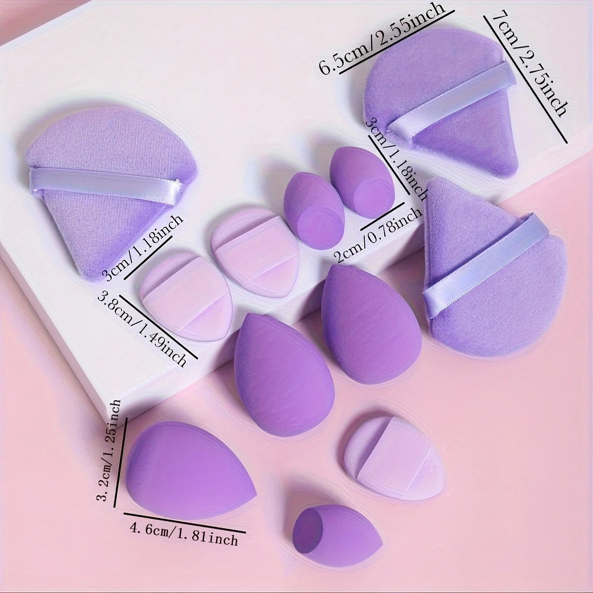 A 12 Piece Set of Versatile Makeup Sponges, Consisting of 3 Loose Powder Puffs, 3 Mini Cushion Powder Puffs, 3 Beauty Eggs, and