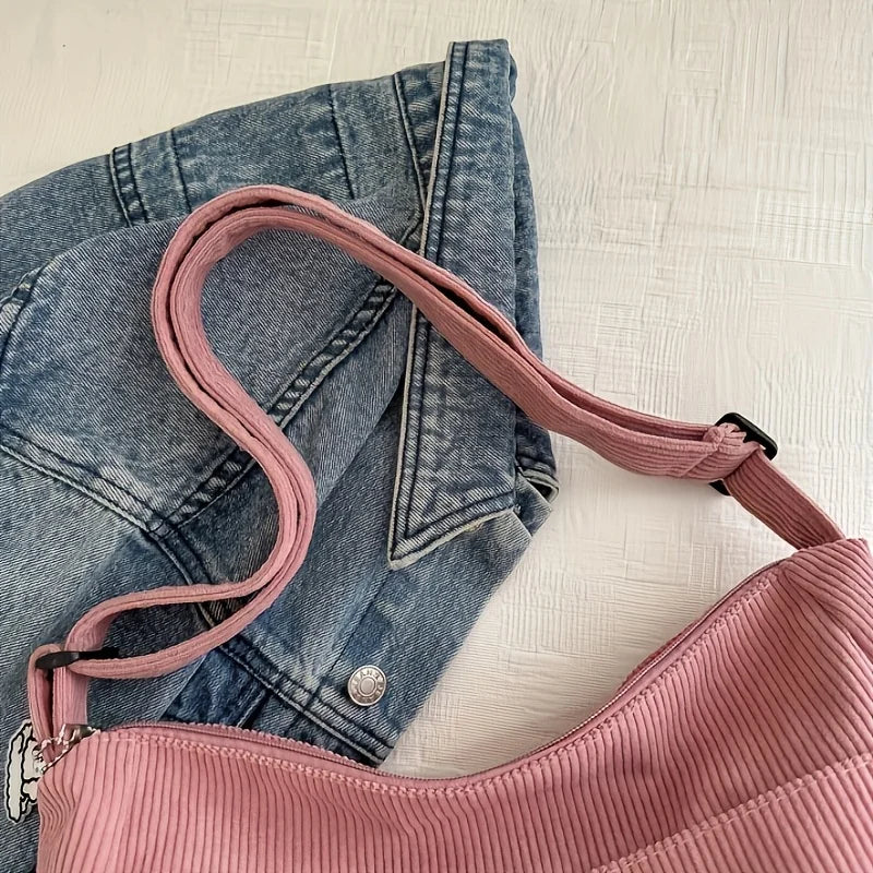Women’s Corduroy Shoulder Bag, Casual Striped Large Capacity Tote with Zipper Closure, Cute Hat Patch, Perfect for Everyday Use