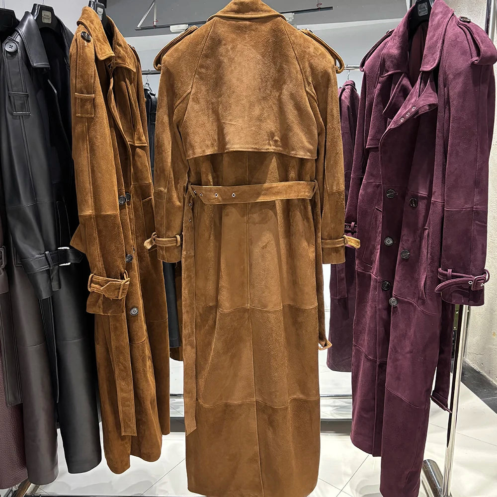 YOLOAgain 150cm Extra Length Real Leather Trench Coat Women Double Breasted Suede Coat Female