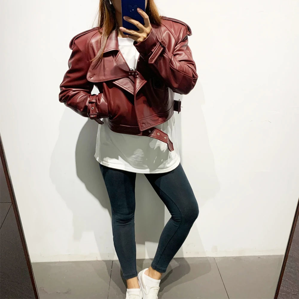 Female Leather Jacket Women Winter Genuine Sheep Leather Coat Wide Shoulder Paddad 23012