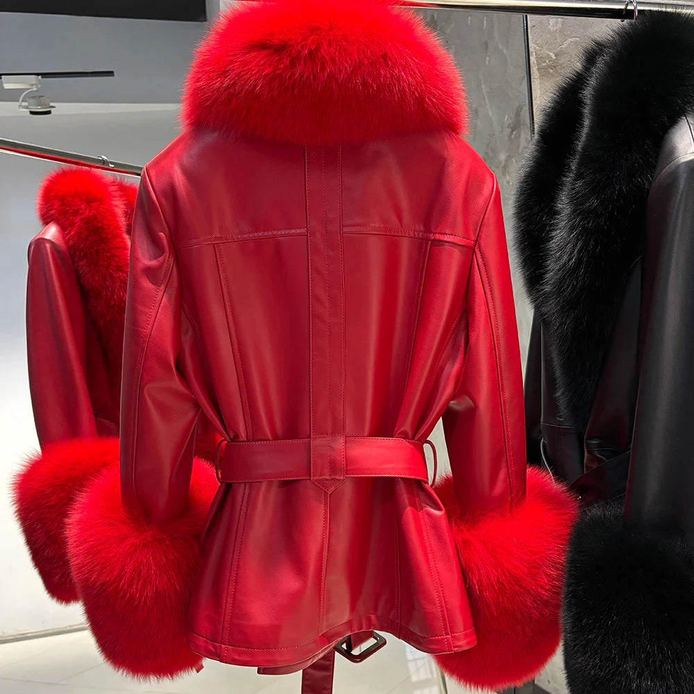 YOLOAgain Women's Real Fox Fur Collar Sheepskin Leather Jacket Coat Autumn 2025