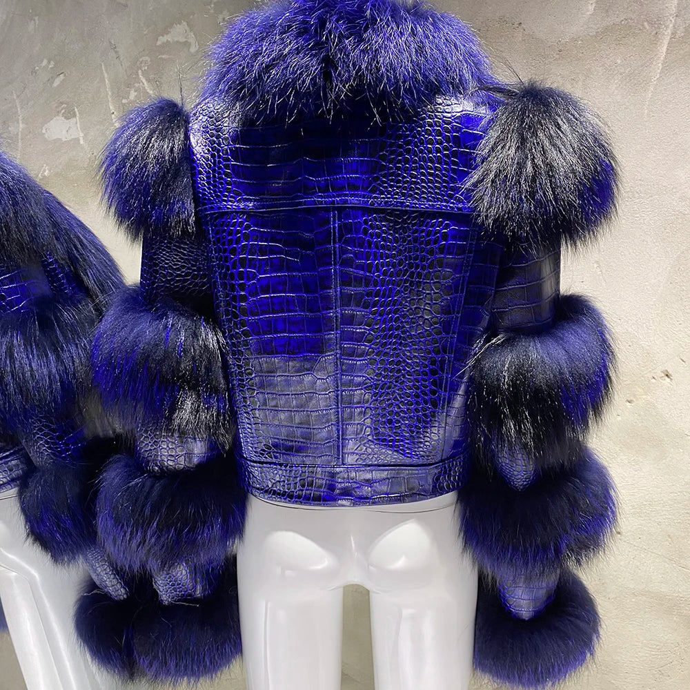 YOLOAgain Women's Natural Fox Fur Jacket Real Leather Cropped Jacket Streetwear
