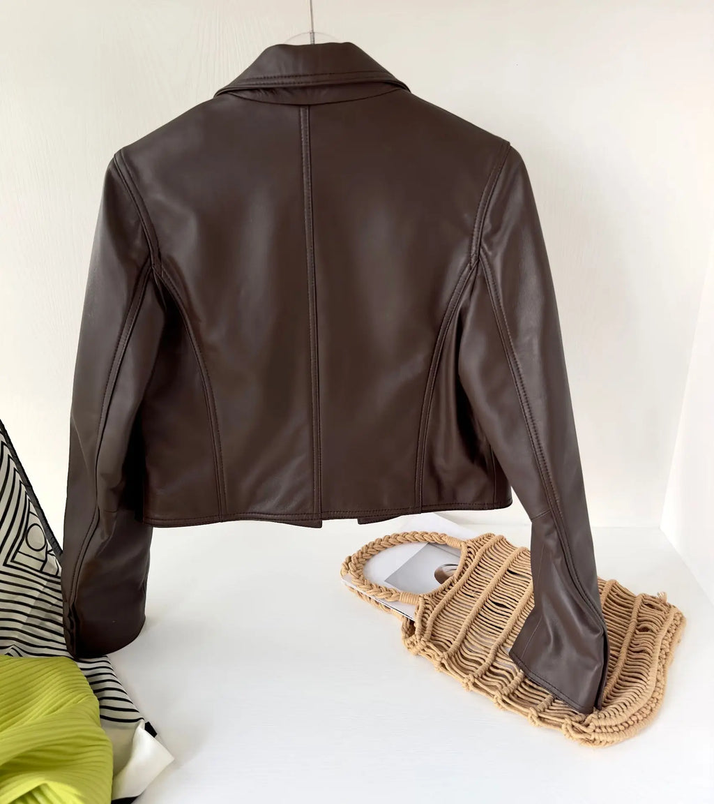 2024 New Short Genuine Leather Blazer Jackets for Women Fashion Pink Lapel Single Button Female Long Sleeve Sheepskin Jackets