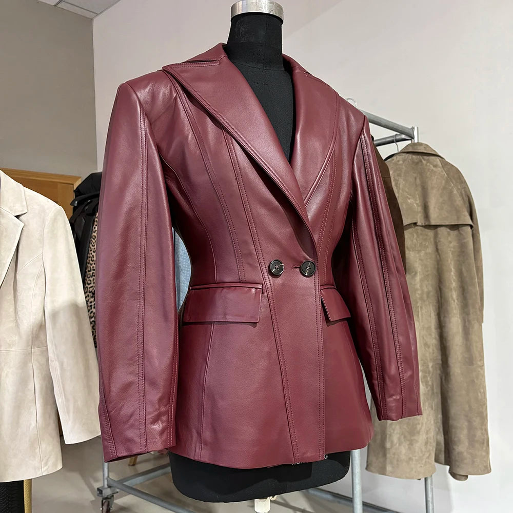 YOLOAgain Vintage Suede Blazer Jacket Women Double Breasted Lapel Dark Brown Genuine Sheepskin Leather Jacket Coat Female