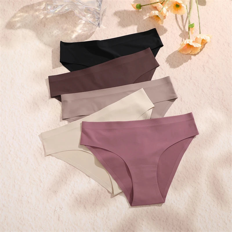 FINETOO 5PCS Seamless Panties for Women Sexy Ice Silk Underwear Soild Briefs Low Waist Comfortable Invisible Lingerie Intimates