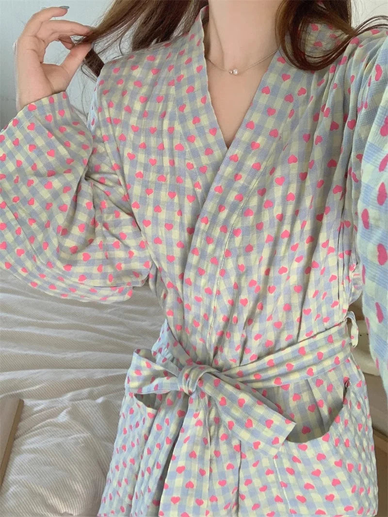 CHUANGERM Women Sweet Plaid Long Sleeve V‑Neck Lace Up Loose Medium‑Long Robe Comfortable Sexy Home Wear Loungewear