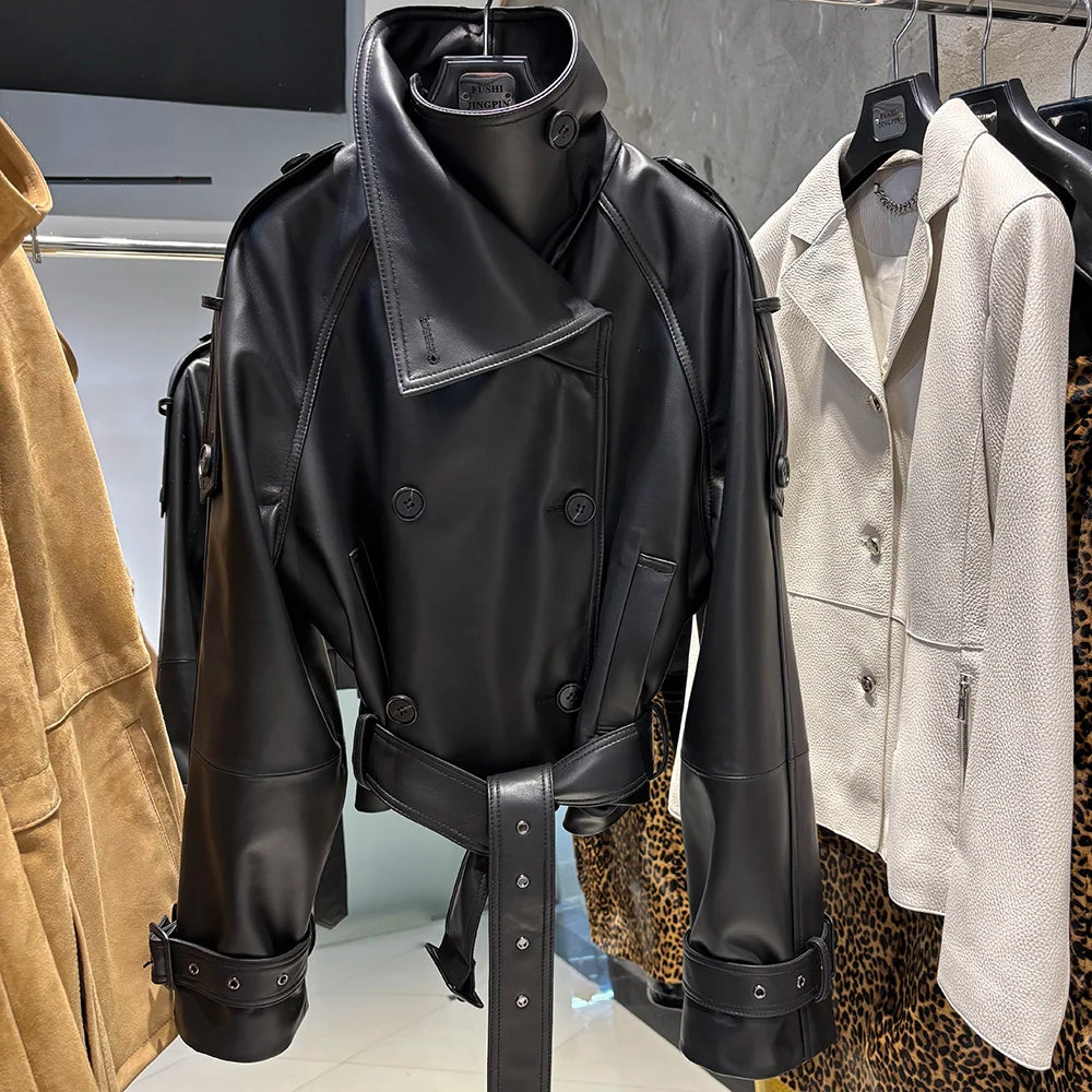 YOLOAgain Funnel Neck Real Leather Jacket Women Double Breasted Suede Jacket With Belt Streetwear